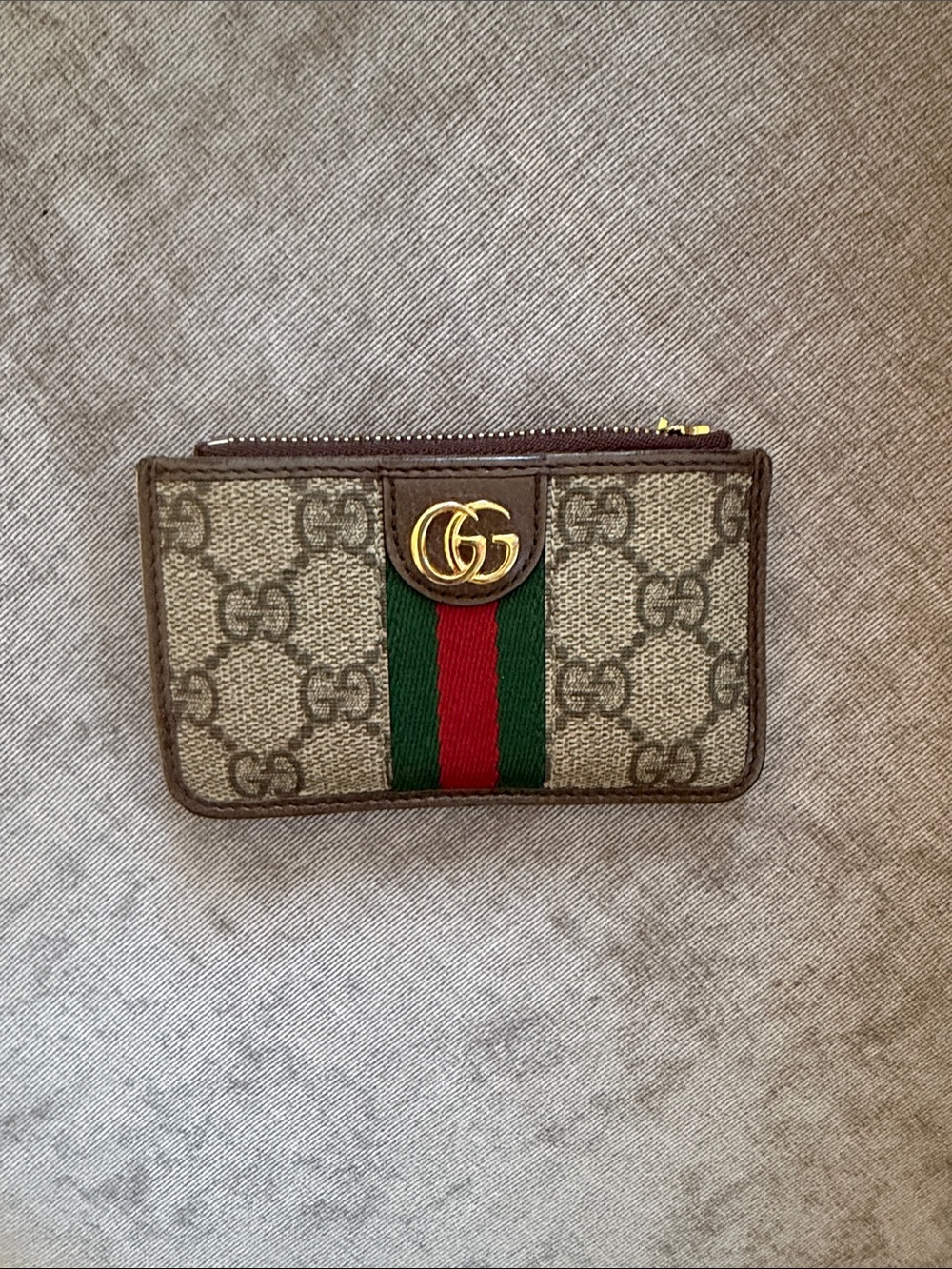 Gucci Beige GG Supreme Card Holder with Green and Red Web Stripe